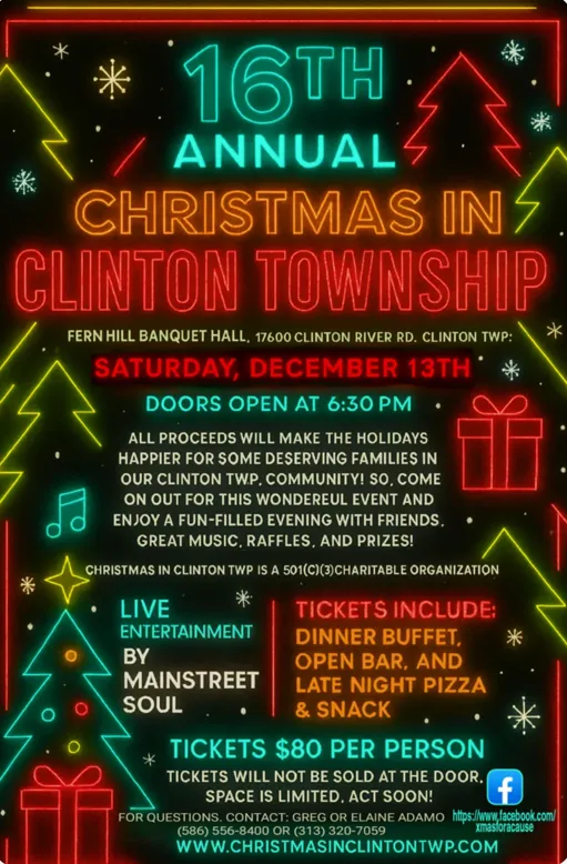Christmas in Clinton Township 2025 Winter Event Flyer - Details about our annual charity dinner and fundraiser