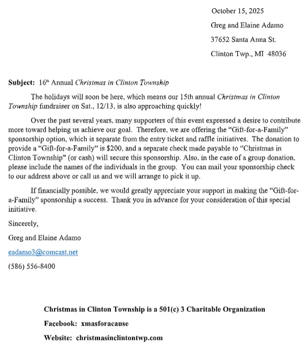 Christmas in Clinton Township 2025 Event Information Letter - Registration details and event schedule